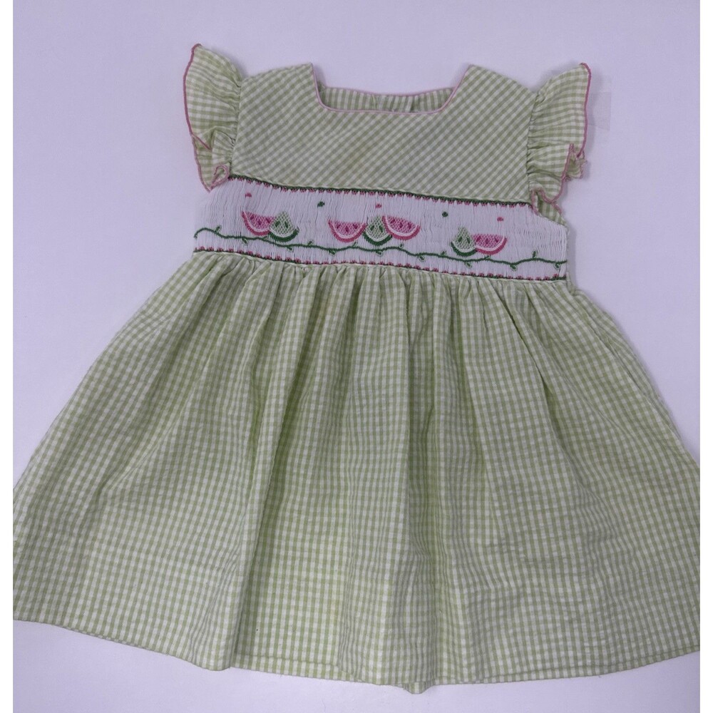 Carriage Boutiques Smocked Gingham Watermelon Dress Green Flutter Sleeve Size 9m